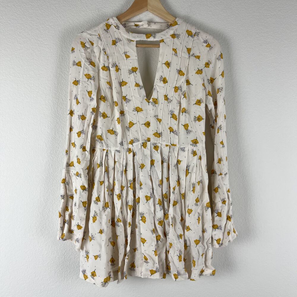 Free People Tegan Dress Womens 0 Ivory Floral Print Mini 3/4 Sleeve Boho Fairy
